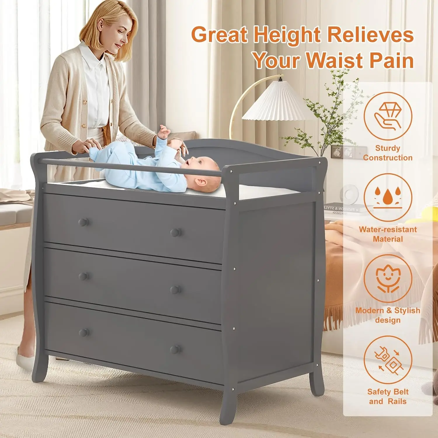 3-Drawer Baby Changing Table with Safety Rails - Image 2